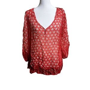 Lucky Brand Red White Floral Ikat V-Neck Boho Blouse Rayon Top Large